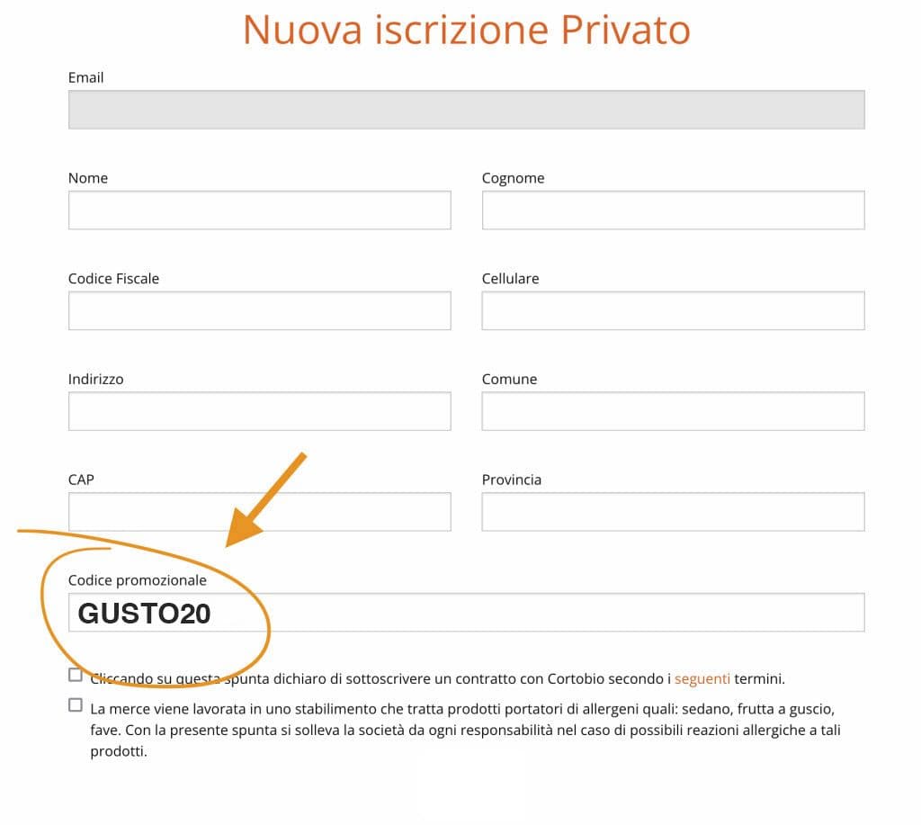 Spiegazione dell'utilizzo del coupon GUSTO20 nel form nuova iscrizione privato