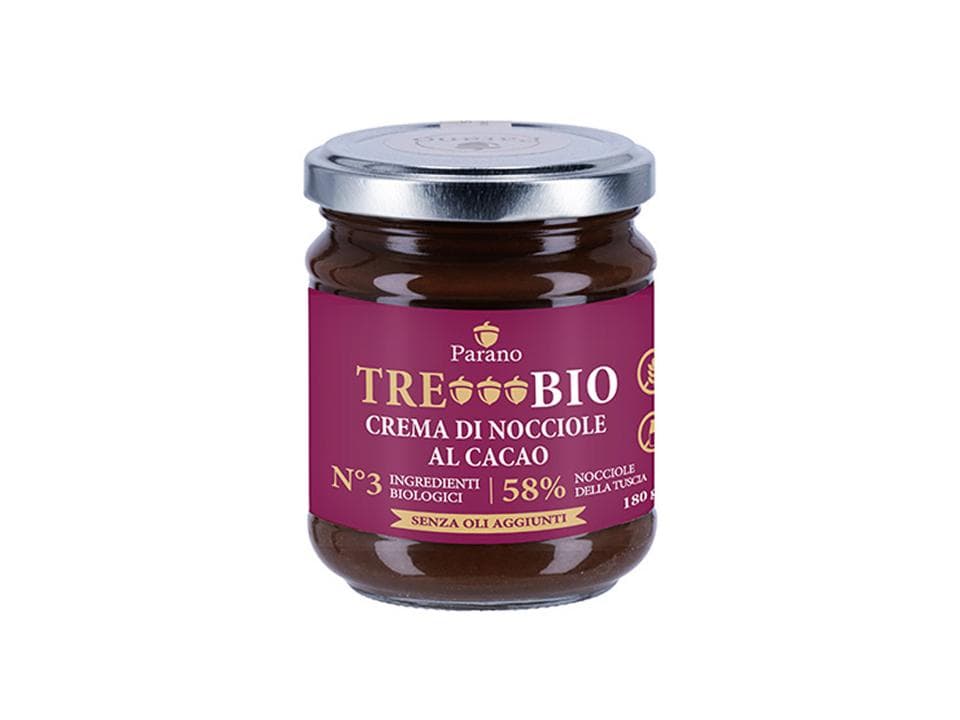 Vasetto in vetro di crema di nocciole della Tuscia 58% al cacao biologica (150g)