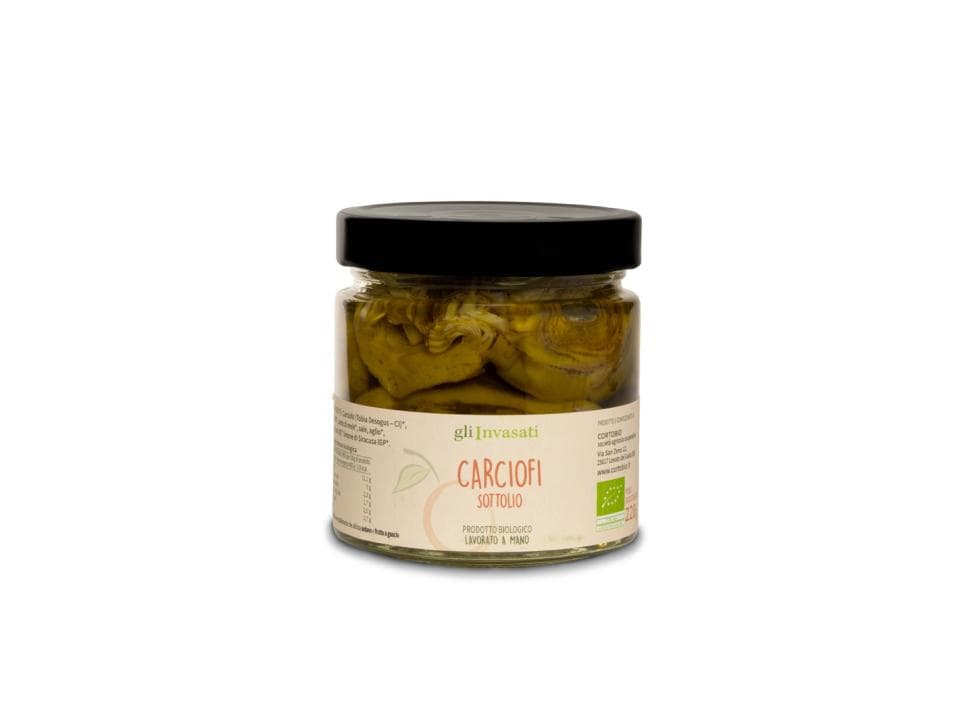 Vasetto in vetro di carciofi sottolio biologici (220g) prodotti nel nostro laboratorio