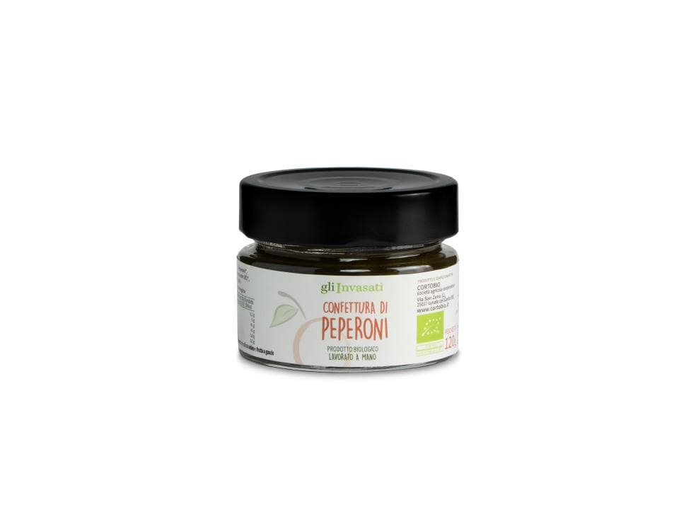 Vasetto in vetro di confettura di peperoni verdi biologica (120g) prodotta nel nostro laboratorio
