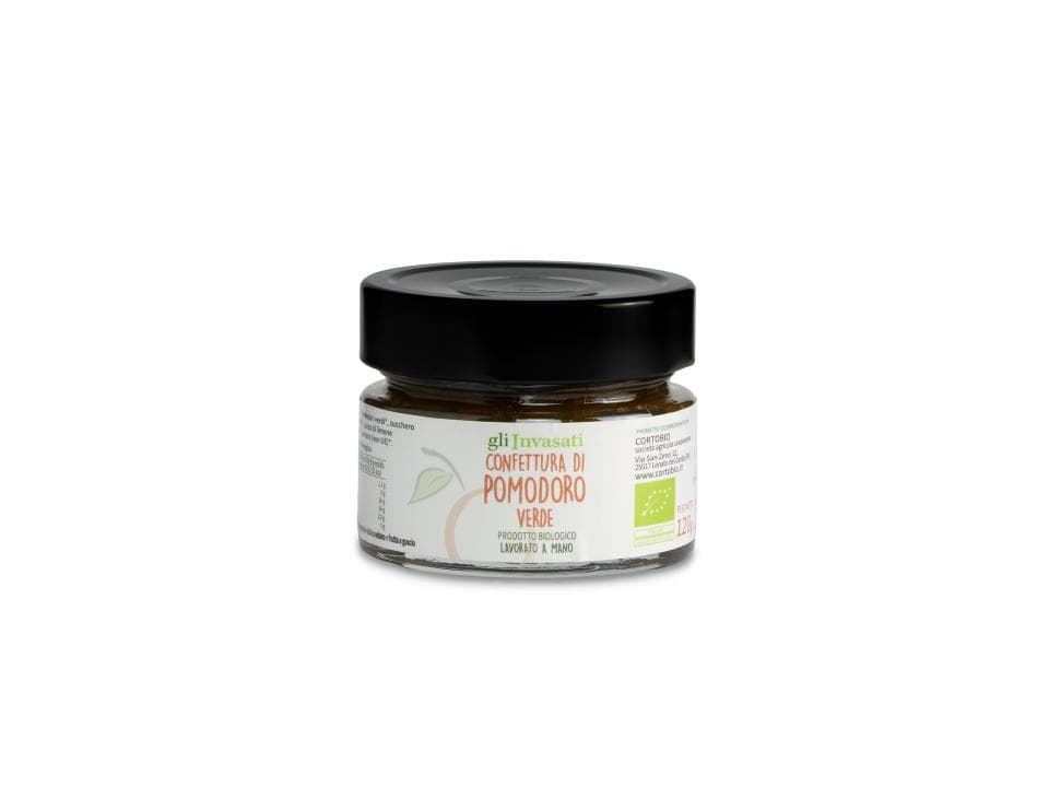 Vasetto in vetro di confettura di pomodori verdi biologici (120g) prodotta nel nostro laboratorio