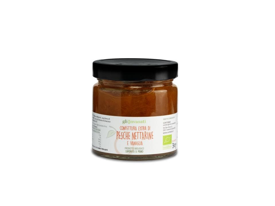 Vasetto in vetro di confettura extra di pesche nettarine e vaniglia biologica (370g) prodotta nel nostro laboratorio