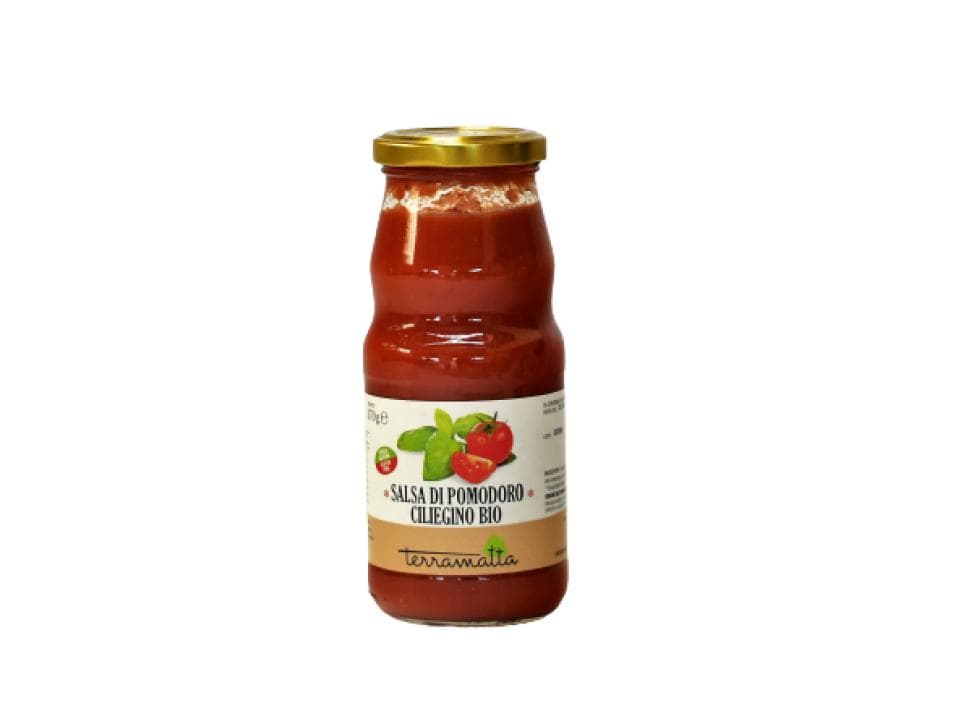 Bottiglietta in vetro di salsa di pomodoro ciliegino biologica (360g)
