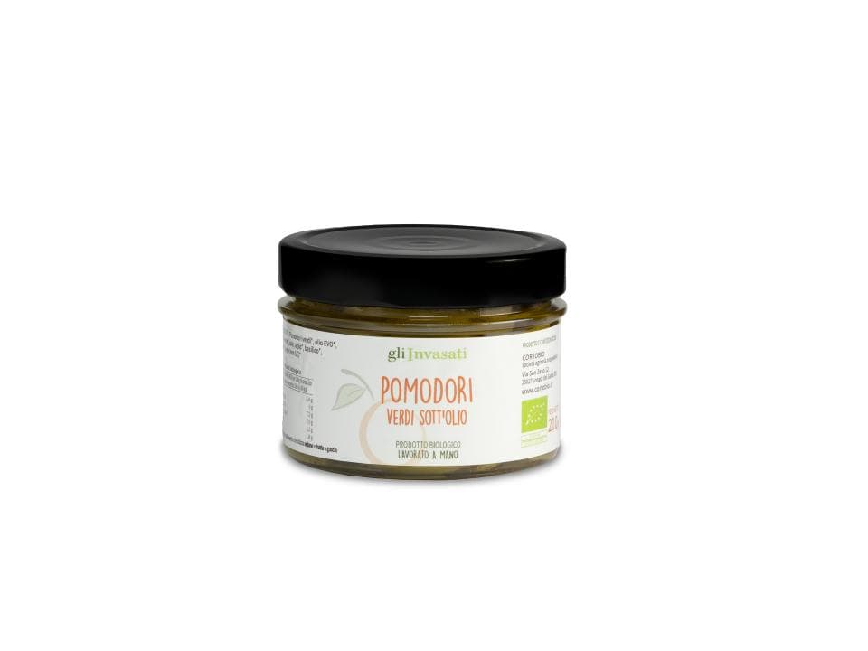 Vasetto in vetro di pomodori verdi sottolio biologici (210g) prodotti nel nostro laboratorio