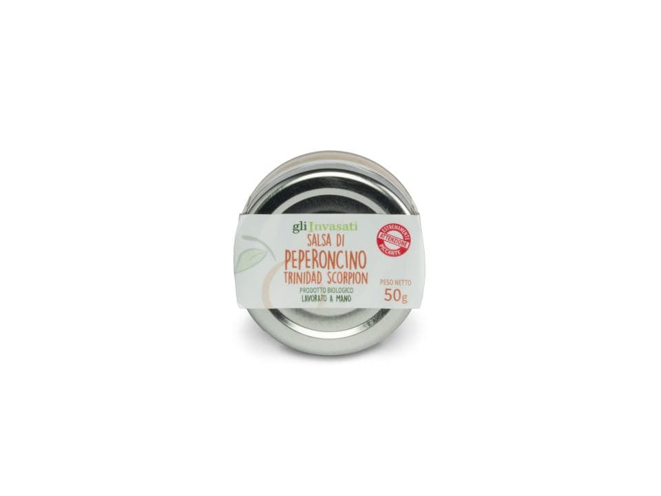 Vasetto in vetro di salsa di peperoncino trinidad scorpion biologica (50g) prodotta nel nostro laboratorio