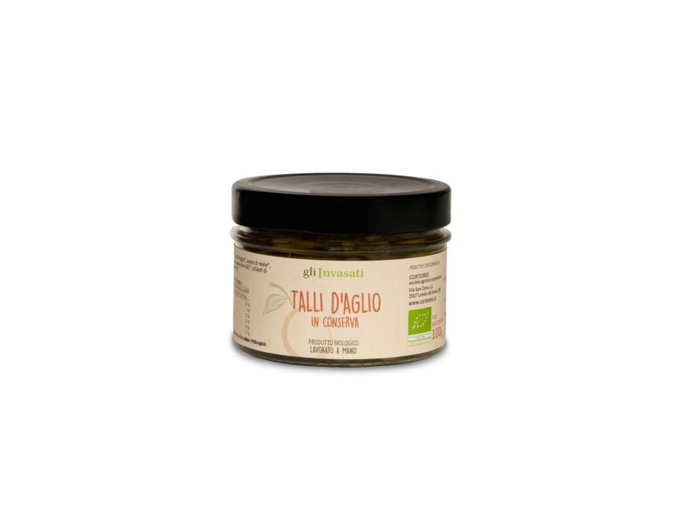 Vasetto in vetro di talli d'aglio in conserva biologici (100g) prodotti nel nostro laboratorio