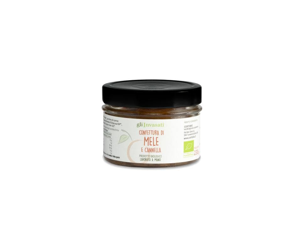 Vasetto in vetro di confettura extra di mele e cannella biologica (230g) prodotta nel nostro laboratorio