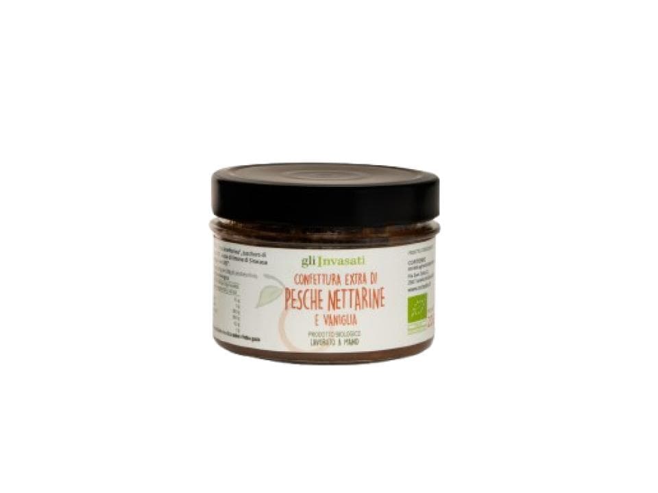 Vasetto in vetro di confettura extra di pesche nettarine e vaniglia biologica (220g) prodotta nel nostro laboratorio