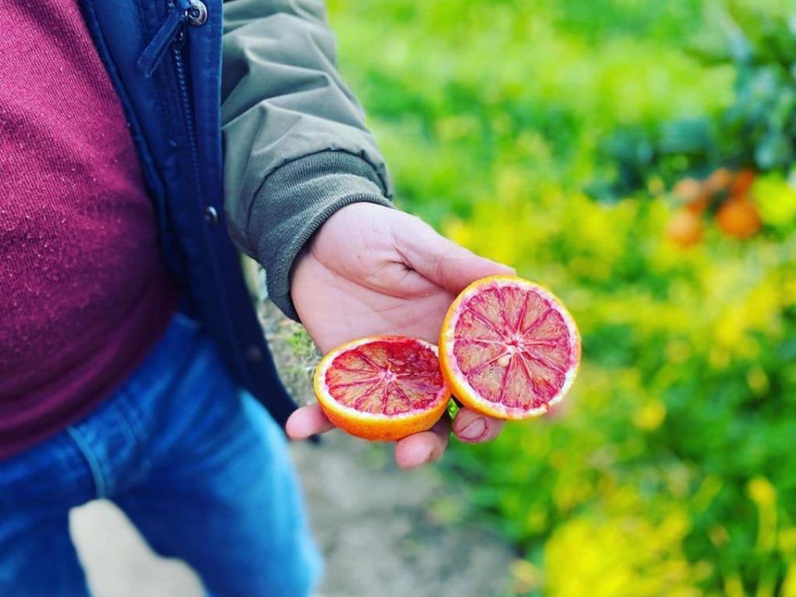 Uomo che mostra un arancia rossa tagliata